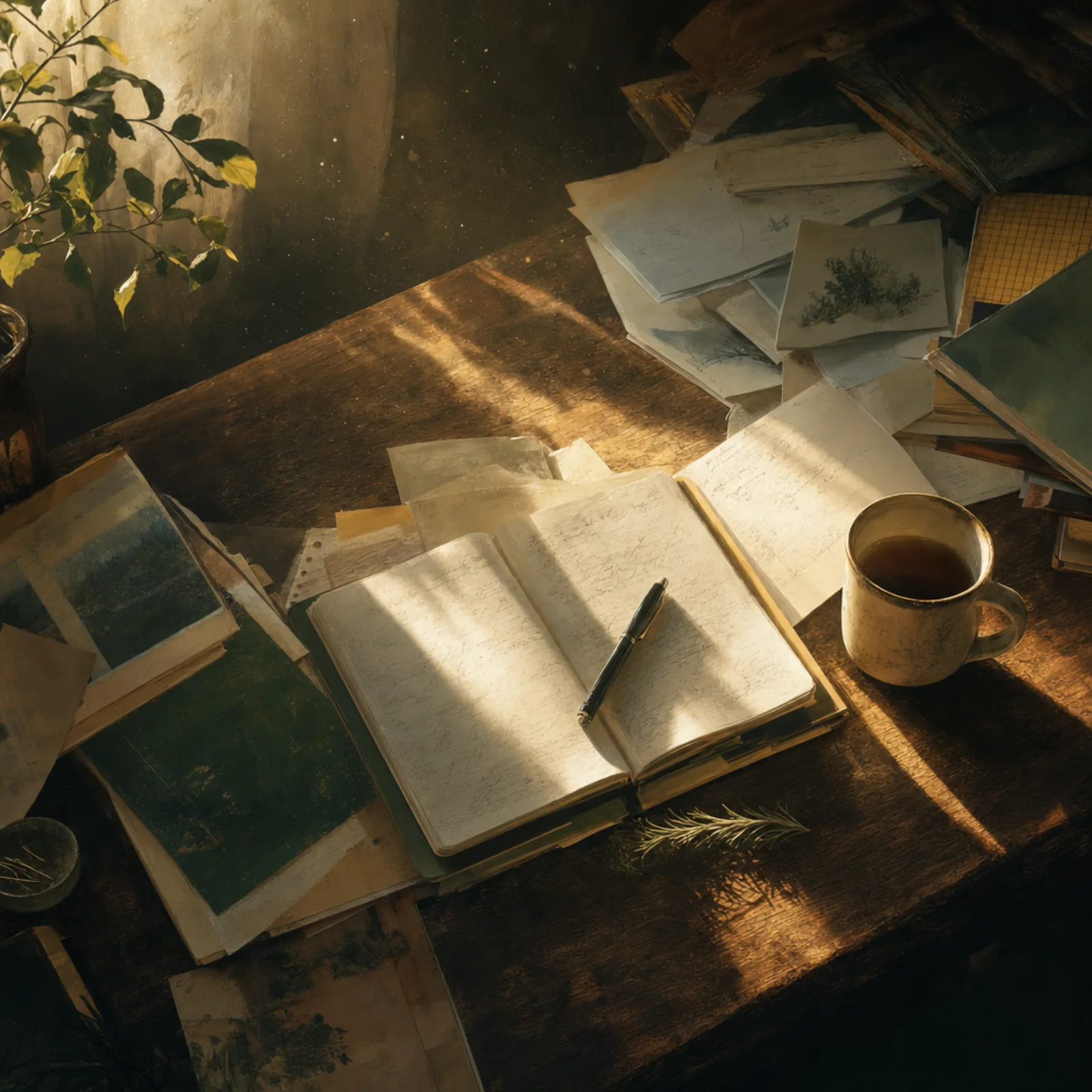 A wooden desk seen from above with papers fanning out, an open notebook, a half-cold mug of tea, late-afternoon light cutting diagonally across.