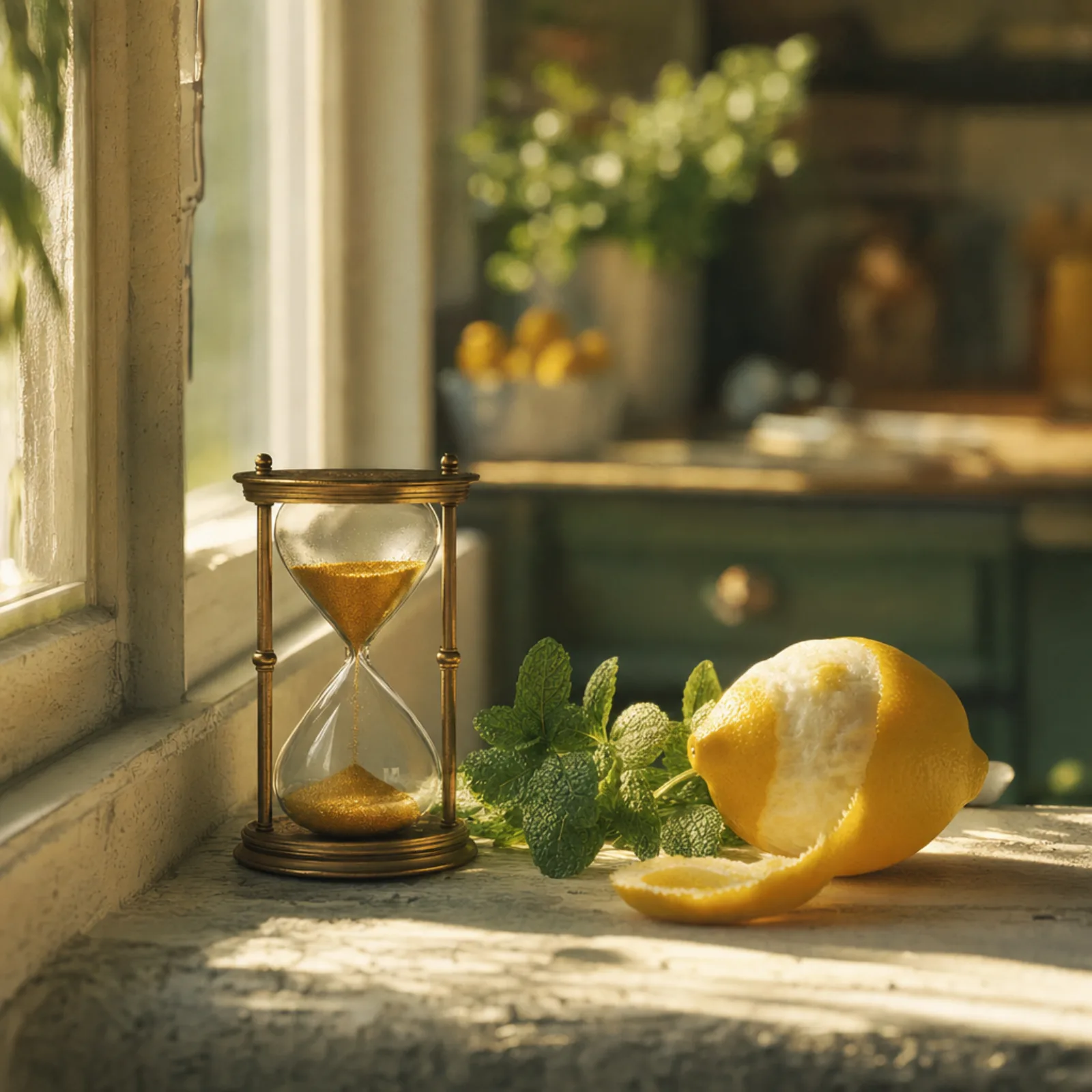 A small hourglass on a sunlit windowsill with fine lemon-gold sand mid-fall, a sprig of mint and a half-peeled lemon beside it.