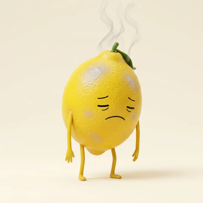 Burnout lemon, slumped and depleted with smoke rising