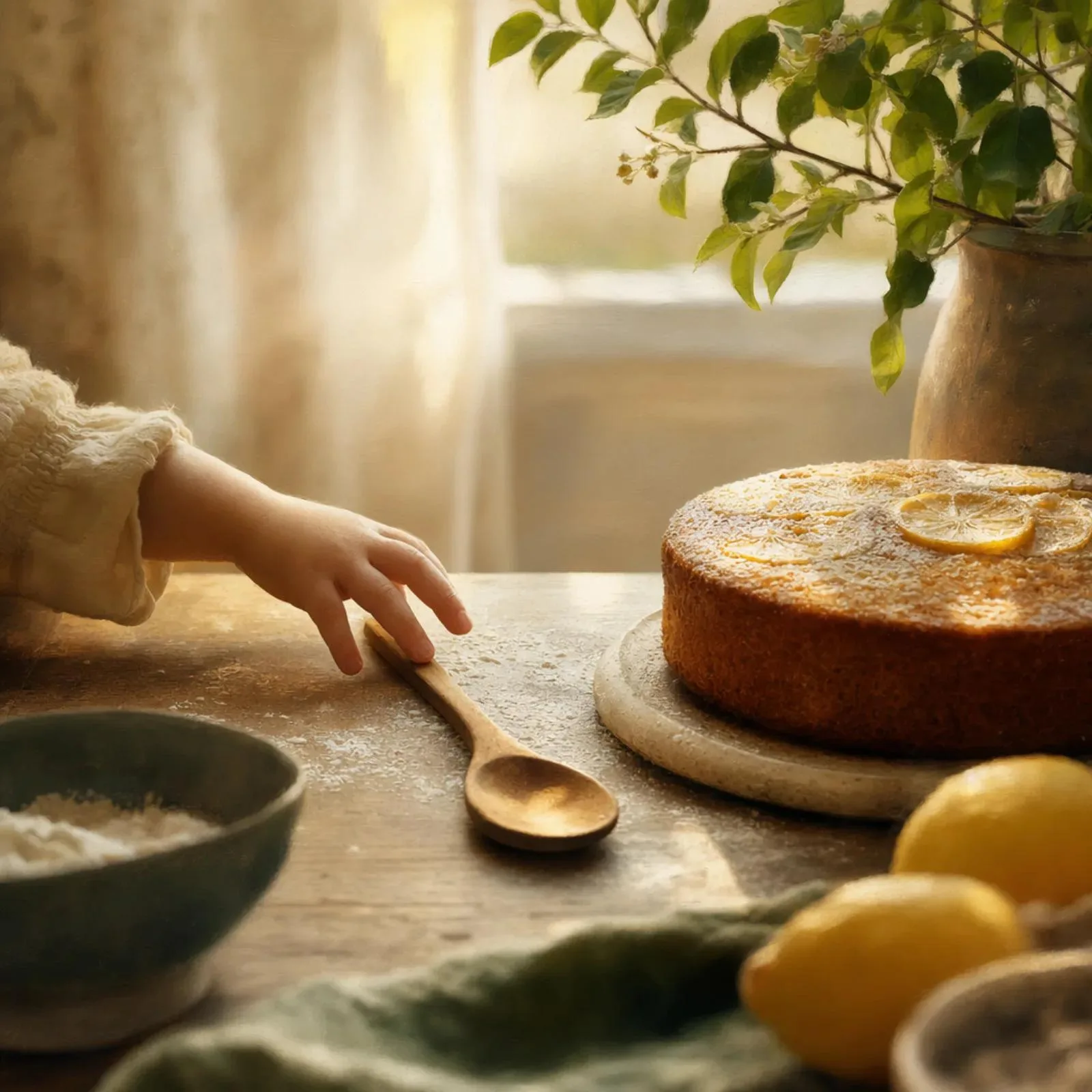 A child's hand reaching for a wooden spoon beside a fresh lemon cake on a sunlit table.