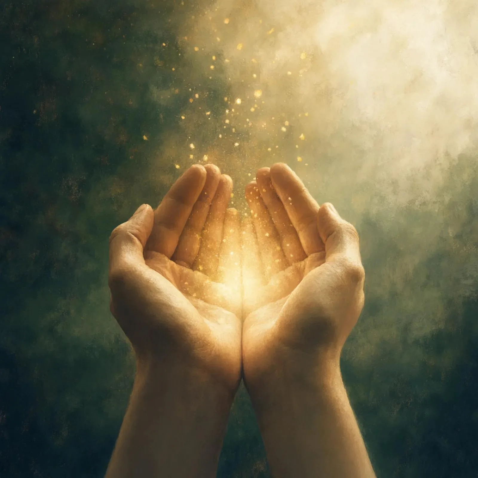 Cupped hands gently holding a soft glow of warm light, like a single breath made visible.