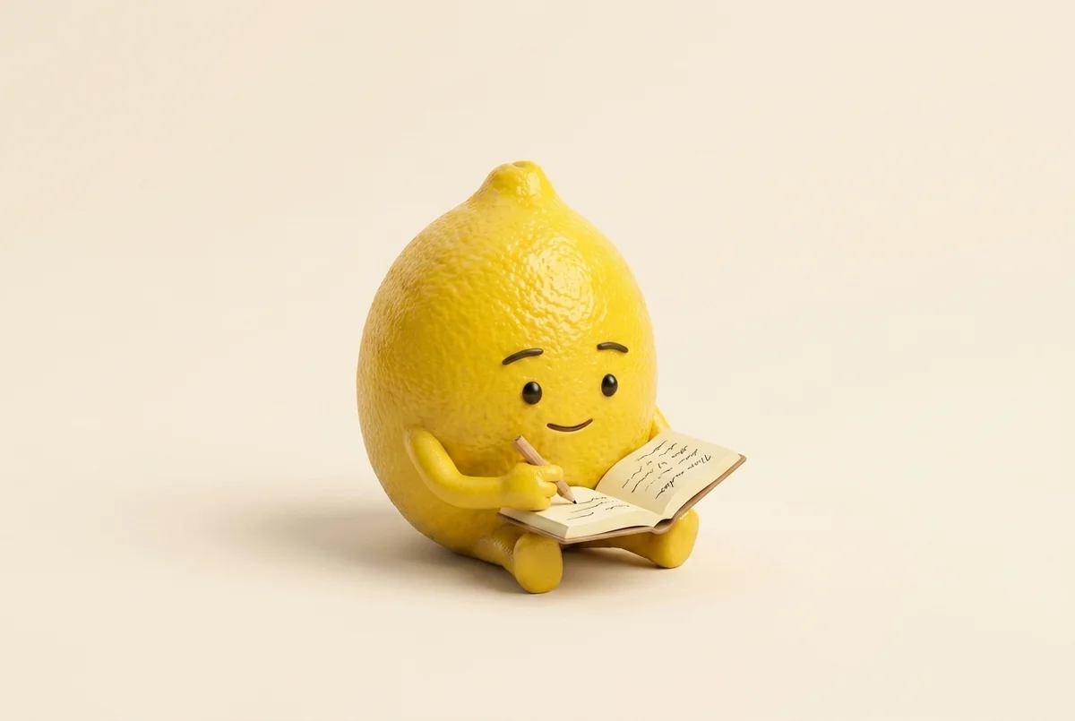 The Lemon Dojo lemon writing in a journal, emptying its head onto the page
