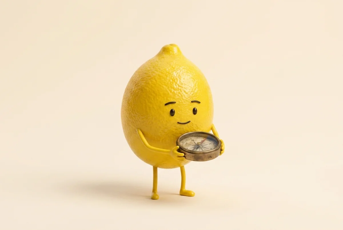 The Lemon Dojo lemon holding a compass, following its values as a direction